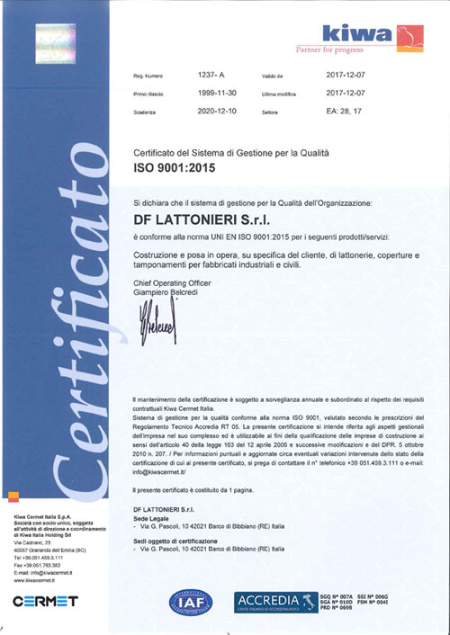 Certificato del sistema qualità SINCERT UNI EN ISO 9001-2015